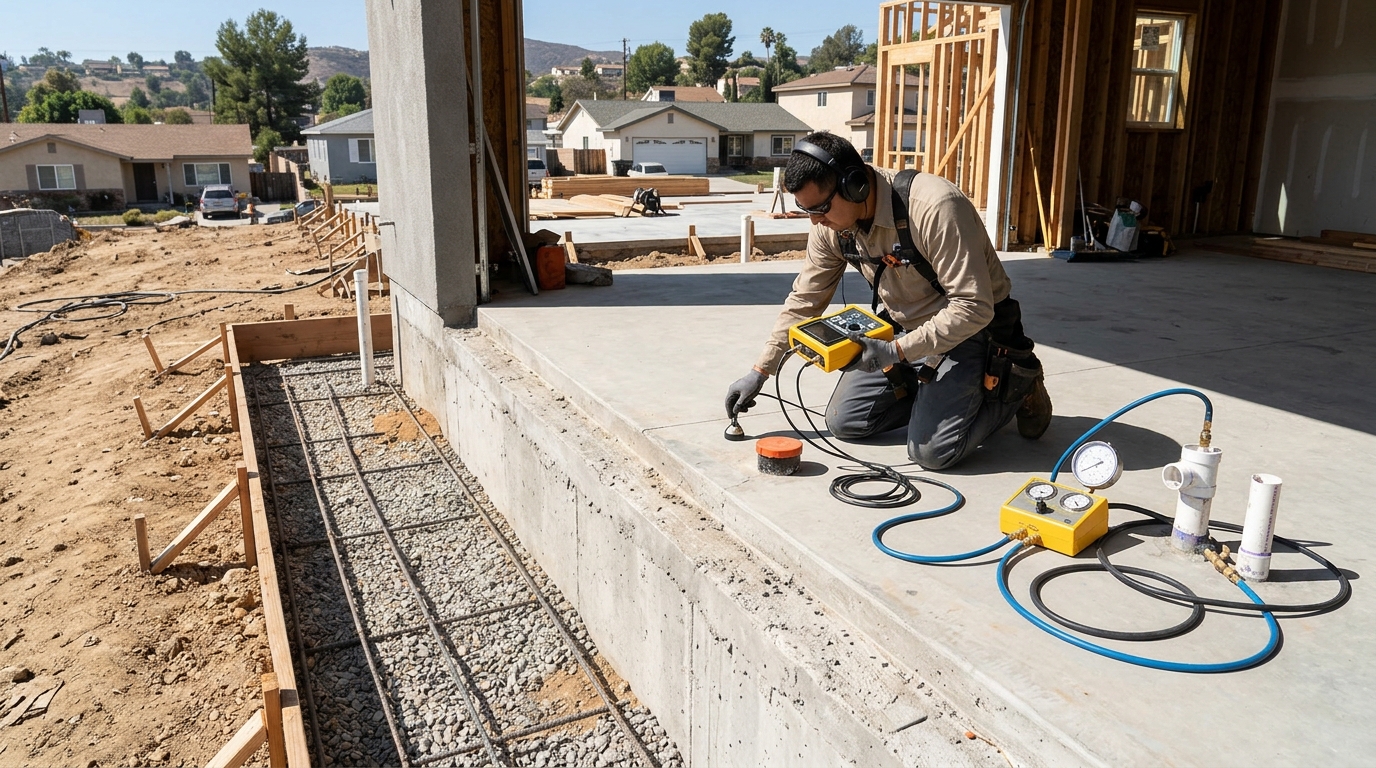 Plumbing technician testing concrete foundation for slab leaks in Brentwood home